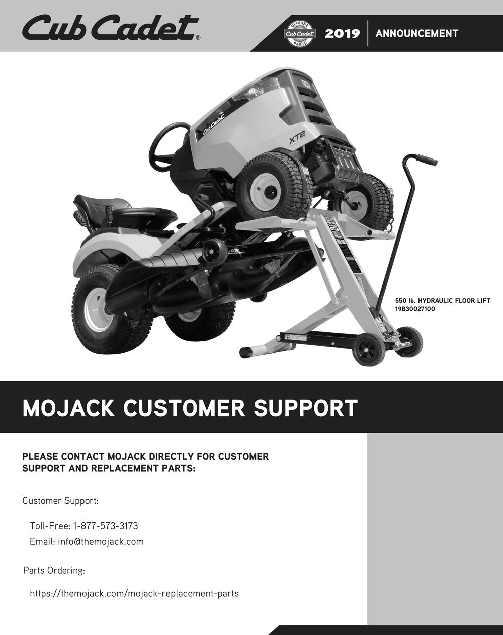 Customer Support Info Diagram and Parts List for CHL500 19A30027100 Cub Cadet Lawn Tractor Accessories
